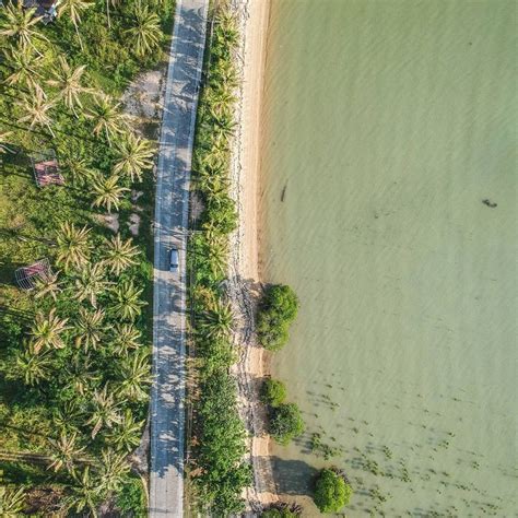 An Aerial View Of A Beach With Palm Trees In The Foreground And A Road