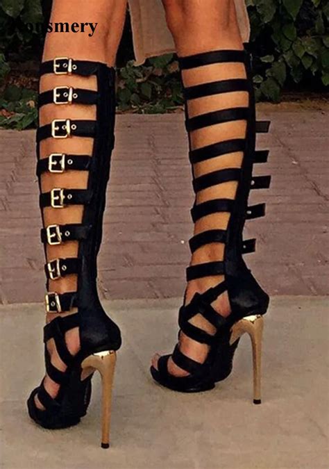 women fashion open toe black leather knee high gladiator boots stiletto heel cut out buckle