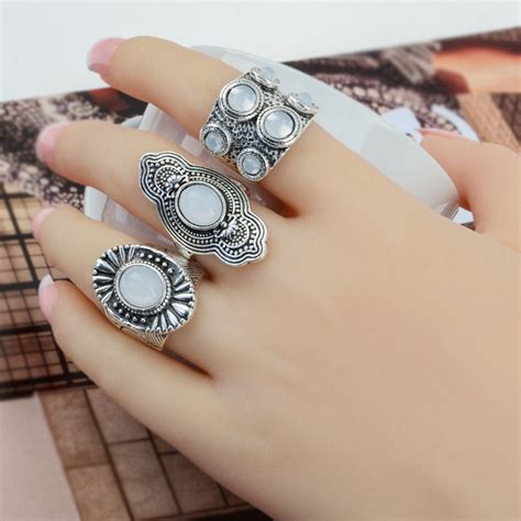 3pcs Women Gypsy Antique Silver Color Carved Stylish Crystal White Stone Midi Knuckle Rings Set