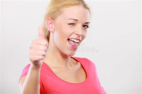 Happy Woman Showing Thumbs Up Gesture Stock Image Image Of Cheerful
