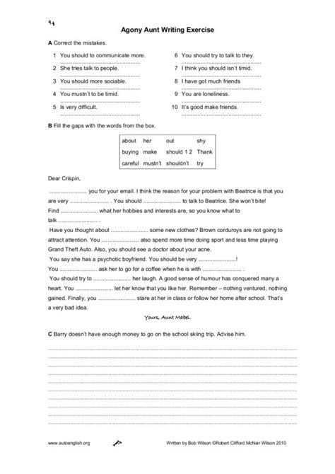Agony Aunt Writing Exercise Worksheet For 6th 10th Grade Lesson Planet