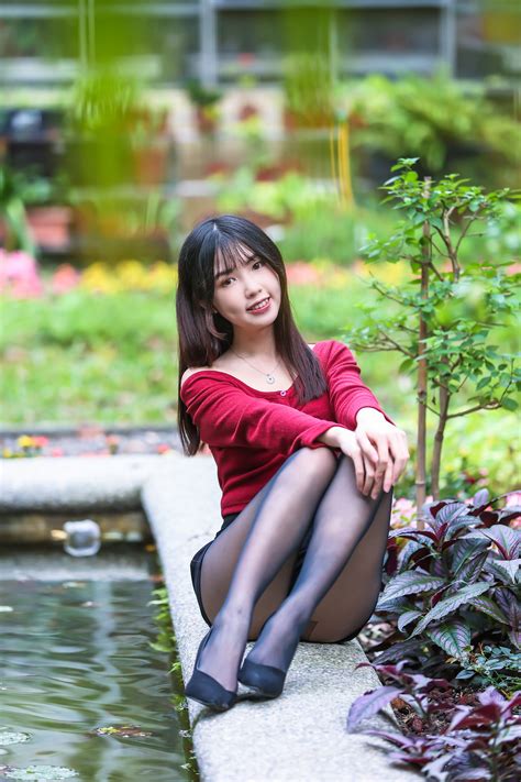 Asian Brunette Girl Pose Sitting Legs Pantyhose Stilettos Blouse