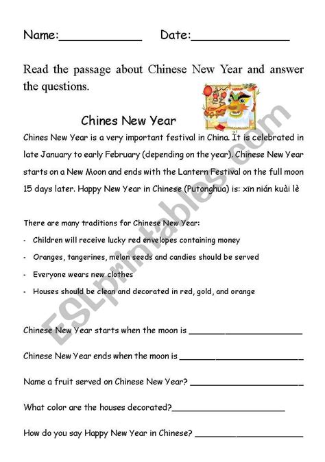Chinese New Year Comprehension Esl Worksheet By Bleue77