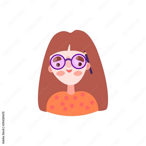 Cute Cartoon Illustration Of Pretty Beautiful Redhead Nerd Woman Girl Woman Avatar With