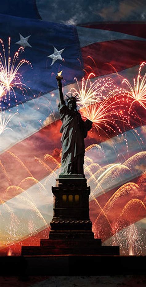 Statue Of Liberty With Fireworks And American Flag In Background Etsy