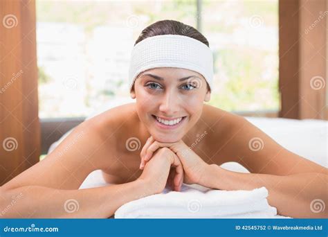 Beautiful Smiling Brunette Lying On Massage Table Stock Photo Image Of Attractive Shoulders
