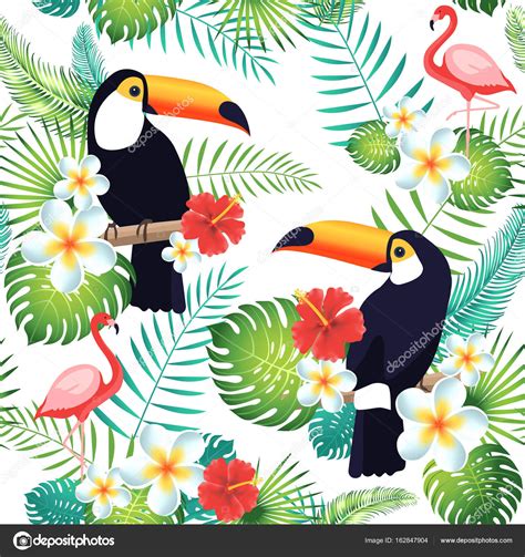 tropical seamless pattern with toucans flamingos exotic leaves and flowers — stock vector