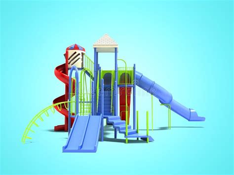 Blue Playground For Children With Ladders With Red Spiral Slide