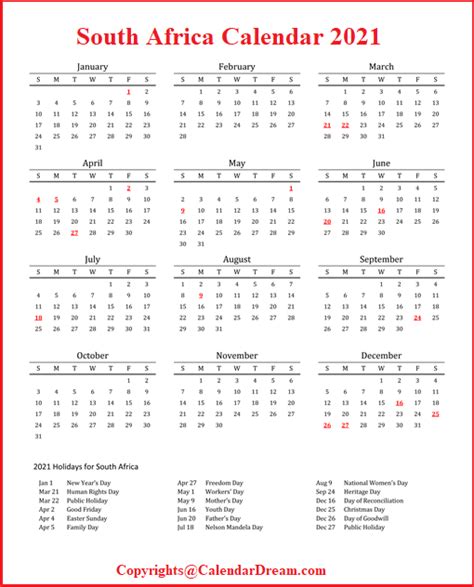 Free Printable South Africa 2021 Calendar With Holidays Pdf