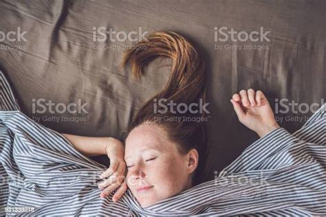 Beautiful Young Woman Lying Down In Bed And Sleeping Top View Do Not Get Enough Sleep Concept