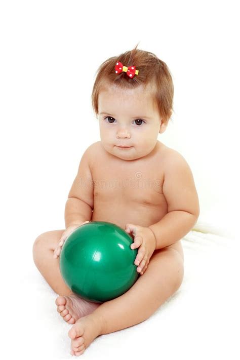 Baby Girl Holding Green Ball Stock Image Image Of Cheerful Girl