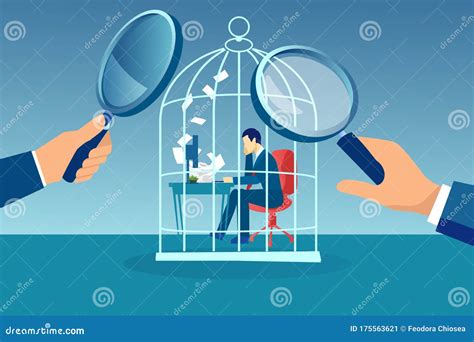 Vector Of A Businessman Working At Desk Trapped Inside Birdcage Being
