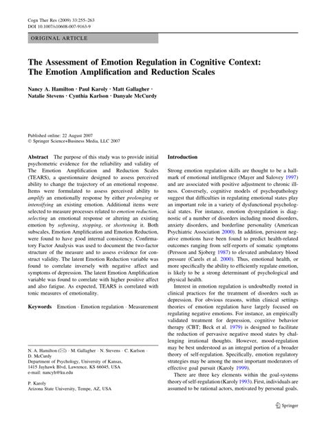 Pdf The Assessment Of Emotion Regulation In Cognitive Context The