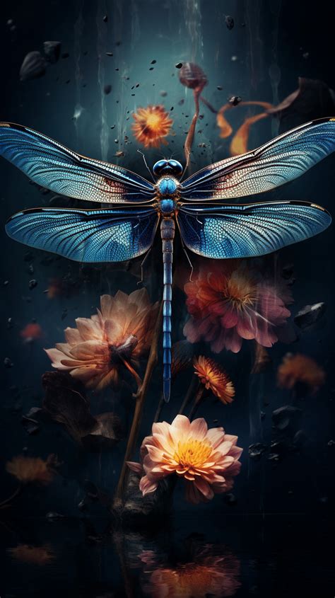 Blue Dragonfly In Flowers