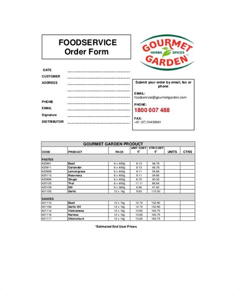 Food Order Form Template Free