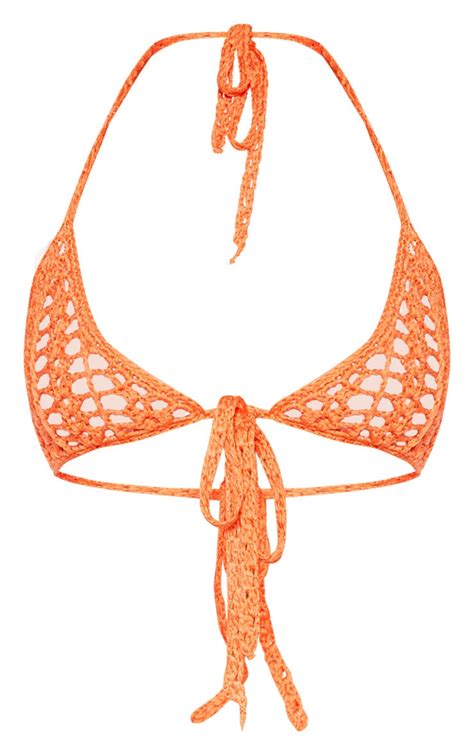 Orange Crochet Triangle Bikini Top Swimwear Prettylittlething