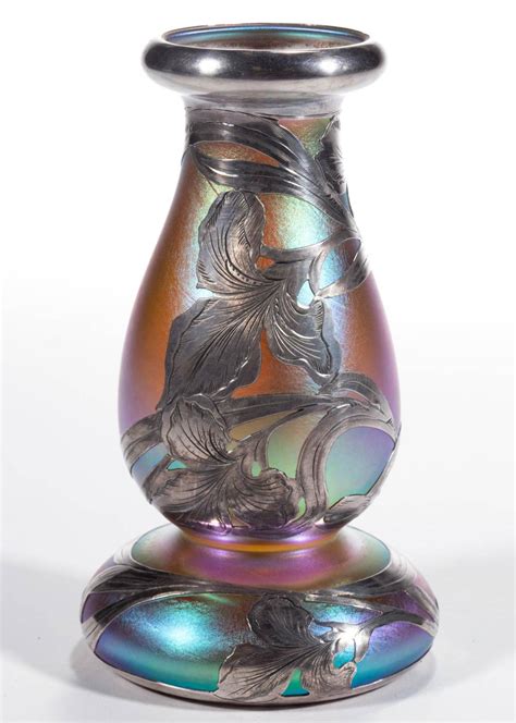 Sold Price Quezal Iridescent Art Glass Silver Overlay Vase April 4