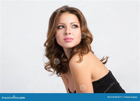 Cute Seductive Woman On Gray Background Stock Image Image Of Black Hair 214181571