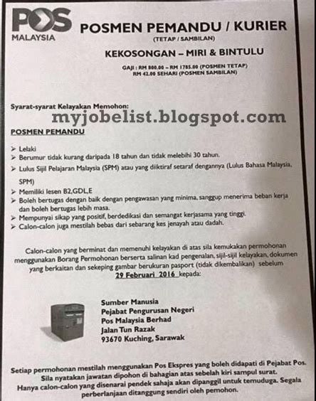 Alamat pejabat ketua pendaftar mahkamah persekutuan malaysia. Jawatan Kosong di Pos Malaysia Berhad - 29 Februari 2016