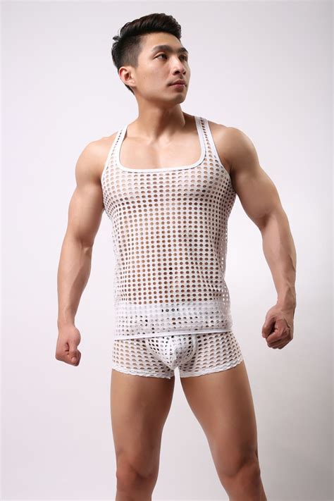 Tank Top Men Fashion Sexy Gay Male Shorts Cute Underwear Set Mesh Net