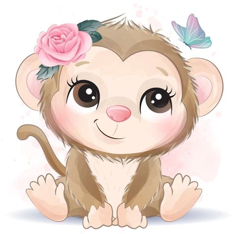 Cute Monkey Clipart With Watercolor Illustration Etsy