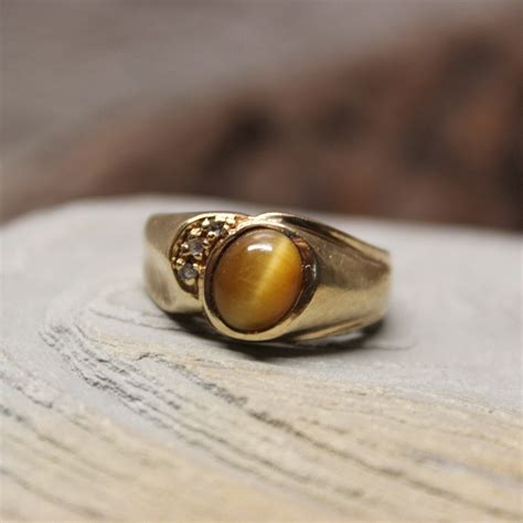 1960s Vintage Mens Tigers Eye And Diamond Ring 66 Grams Size 9 Solid