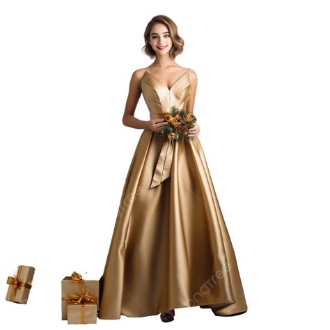 A Young Beautiful Girl In A Long Gold Dress Stands Near A Christmas Tree With A T In Her