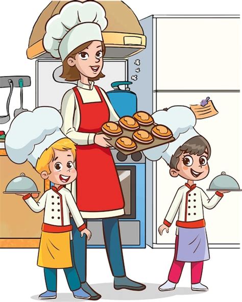 Mère Et Enfants Cuisinant Dans La Cuisine Illustration Vectorielle Dun Style De Dessin Animé