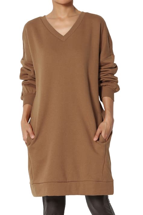 Themogan Womens S~3x Oversized V Neck Long Sleeve Pocket Fleece Tunic