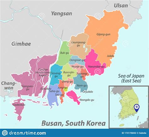 South north korea map glass card paper 3d divided vector. Map of Busan, South Korea stock vector. Illustration of regions - 174176842