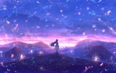 Wallpaper Anime Girl Polychromatic Scenery Glowing Anime Landscape Particles Wallpapermaiden