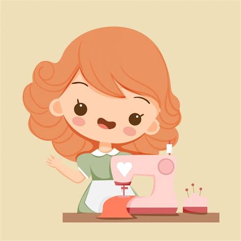 Premium Vector Cute Girl With Sewing Machine Cartoon Character