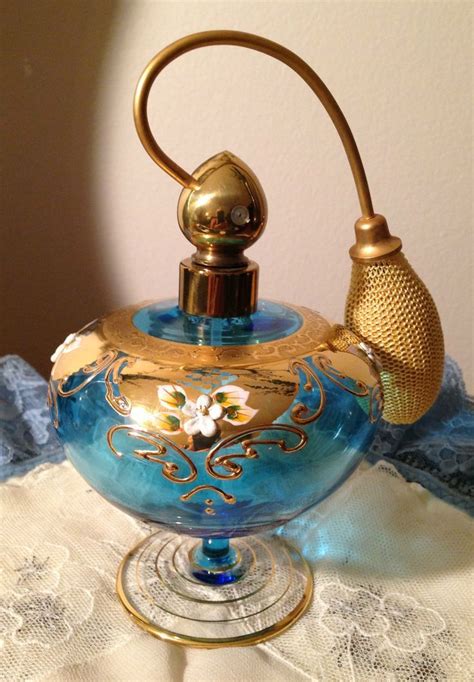 Vintage Bohemian Czech Blue Glass Enamel Gold Perfume Frascos De Perfume De Vidro Frascos
