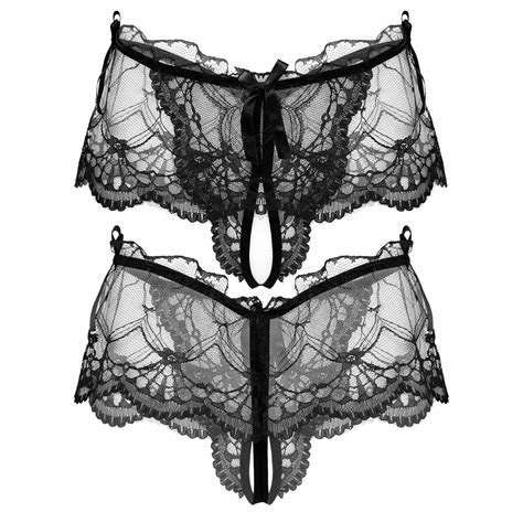 Men Crotchless Panties See Through Bow Lace Sissy Skirted Briefs Sexy