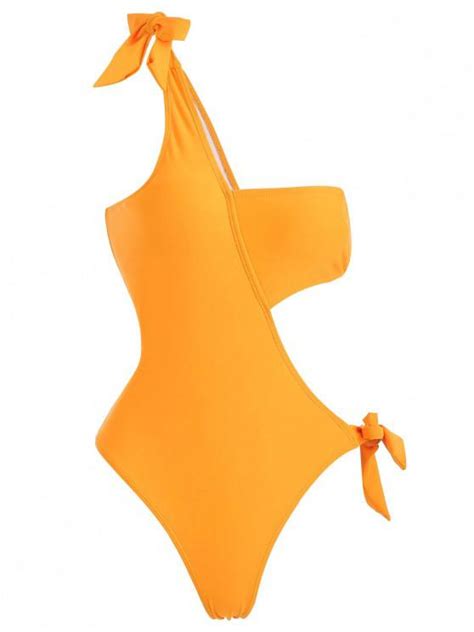 34 Off 2021 Zaful One Shoulder Bowknot Monokini Swimsuit In Bright