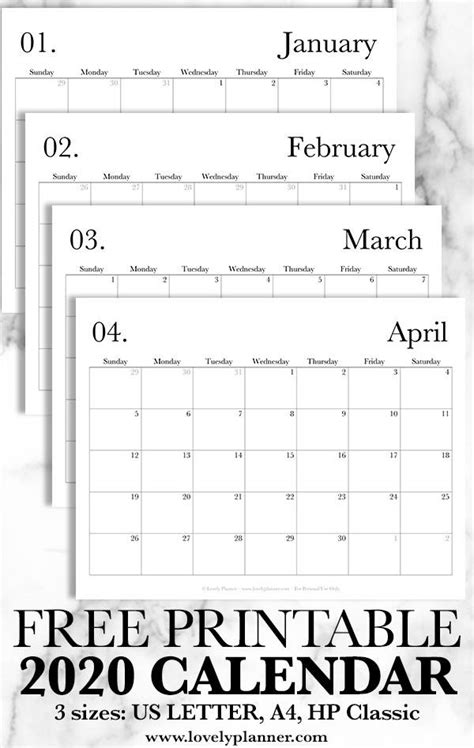 Free Printable 2020 Monthly Calendar Templates Printable Calendar