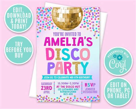 Disco Party Invitation Personalised Printable Digital File Etsy