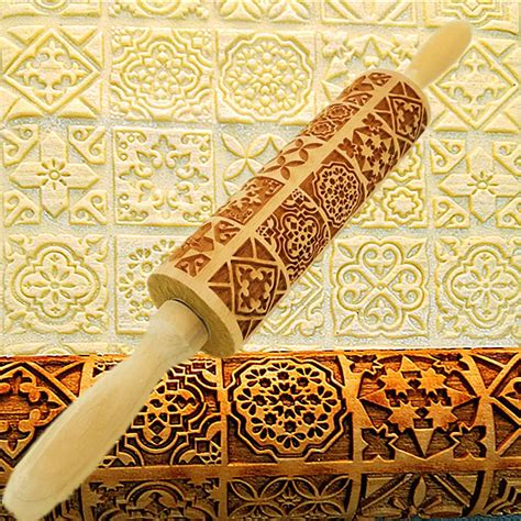 Wooden Rolling Pin Beech Wood Carving Printing Rolling Pin Embossed