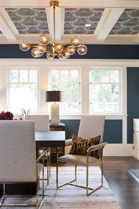 Modern Blue Dining Room With White Trim And Wallpaper On