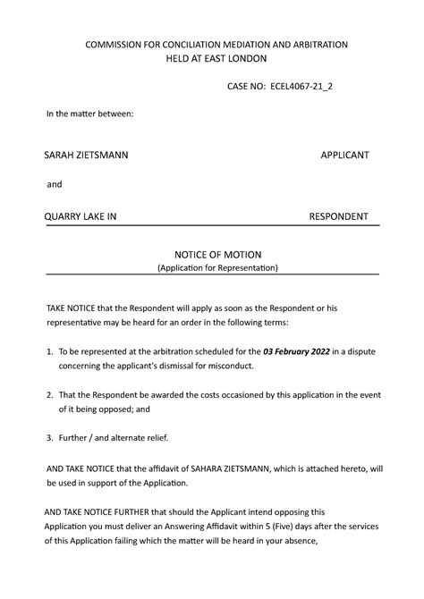 Notice Of Motion Application For Representation Template Commission For Conciliation
