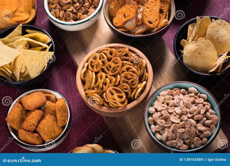 Salty Snacks Served In Bowls Stock Image Image Of Salt Peanuts