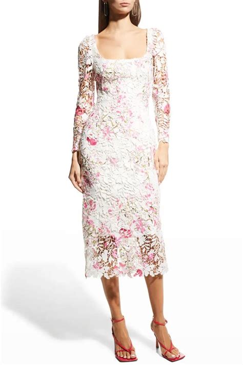 B6rzx Monique Lhuillier Floral Print Lace Midi Dress In 2023 Lace