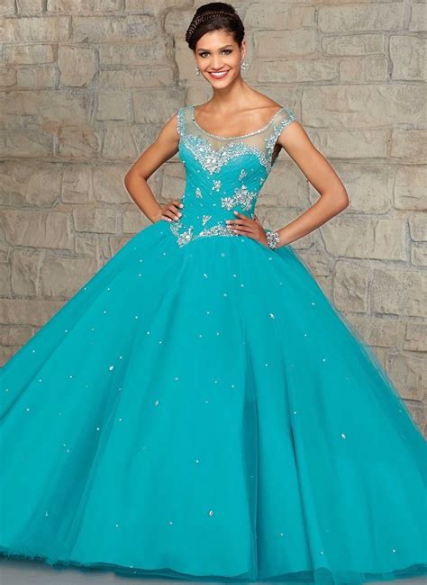 Turquoise Blue Ball Gown Quinceanera Dress Coral Elegant Beaded Crystal