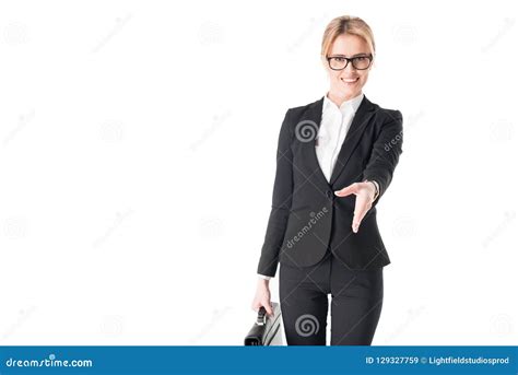 Blonde Businesswoman Holding Briefcase Reaching Out For A Handshake