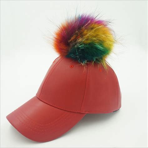 New Winter Women S Hats Pu Leather Baseball Caps Big Raccoon Real Fur Pompoms Hat Casual Female