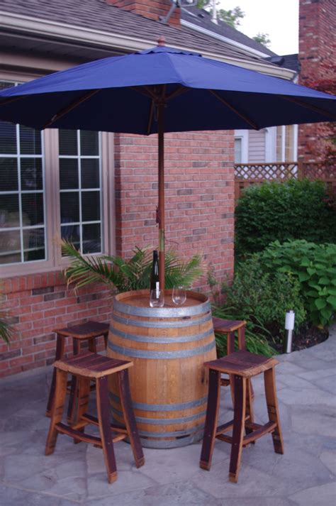 Wine Barrel Bar Table With Umbrella And 4 Stools By Backyard Barrel