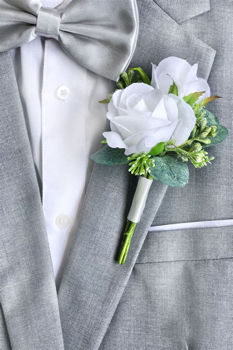 White Double Rose Wedding Boutonniere For Groom And Groomsmen
