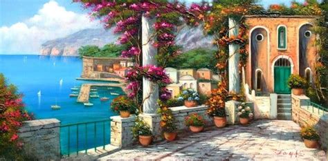 Big Italian Painting Sorrento Seascape With Flowers Original Oil Canvas
