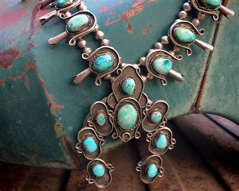 Gm Vintage Navajo Natural Turquoise Squash Blossom Necklace