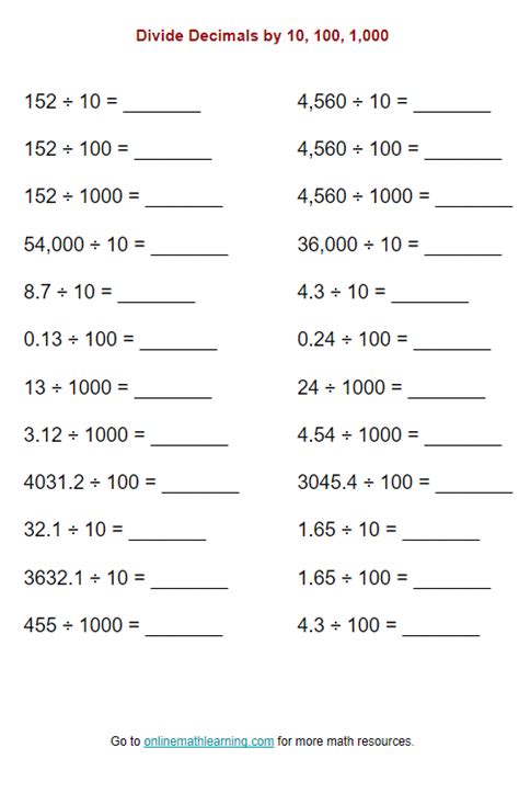 Divide Decimals By 10 100 Or 1000 Worksheet Printable Online Answers